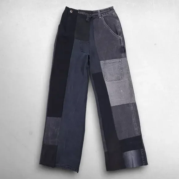 Heke Design Patchwork Jeans Wide Leg Upcycled Sustainable Women XS Black NZ Made - Picture 1 of 16